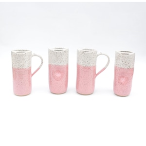 Pink Ceramic Travel Mug Skinny To-go Iced Coffee Cup | Homemade Speckled Stoneware Pottery Tumbler for Tea | Ready to Ship Gift for Friend