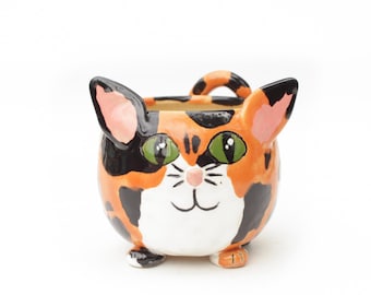 Calico Cat Ceramic Planter Pot with Drainage | Artisan Handmade Pottery
