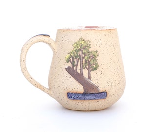 Taza de árbol bonsái de tronco de balsa / Gres tirado con rueda pintada a mano / Cerámica de estudio de lotes pequeños / Taza de cerámica / Café y té / Listo para enviar