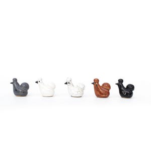 May include: Five ceramic rooster figurines in a row. The roosters are in various colors: dark gray, white, speckled white, brown, and black. Each rooster has a small beak and a rounded tail. The figurines are on a white background.