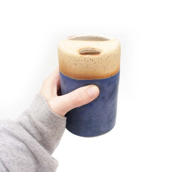 Indigo Blue Pottery Travel Cup To-go Mug | Texas Wheel Thrown Speckled Stoneware Iced Coffee Tea Tumbler | Handmade Ready to Ship Gift