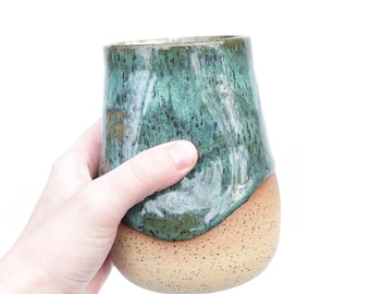 Green Glazed Ceramic Thumb Tumbler: Handmade Stoneware Pottery Cup, 20oz