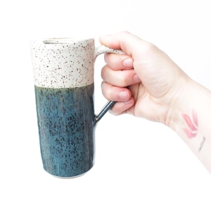Emerald Blue Green Ceramic Travel Tumbler | Fits in Cup Holder | Plastic Free Iced Coffee Mug | Handmade Speckled Stoneware Pottery
