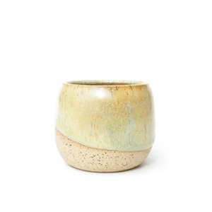 May include: A rounded ceramic cup featuring a two-tone glaze. The upper portion displays a smooth, mottled blend of pale yellow and soft green, while the lower section is a textured, speckled beige base with a matte finish and a curved shape.