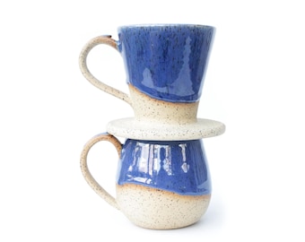 Blue Pour Over Coffee Set: Handmade Ceramic Mug & Dripper