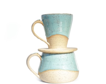 Artisan Pottery Pour Over Coffee Set: Turquoise Ceramic Mug