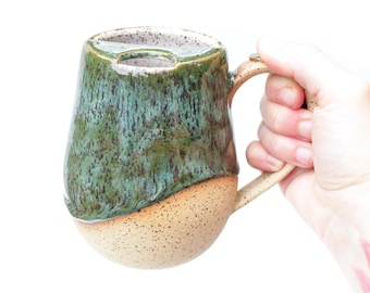 Green Ceramic Comfort Mug: Handmade Stoneware Pottery with Sip-top Lid
