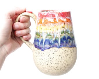 Rainbow Wheel Thrown Ceramic Mug with Handle : Large 20oz Pottery Drinkware Handmade in Texas