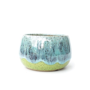 4.25" Blue & Lime Planter Pot: Wheel Thrown Stoneware, Texas Artisan Pottery