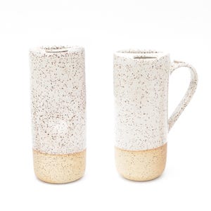 Speckled White Pottery Travel Tumbler: Wheel Thrown Ceramic Mug with Lid