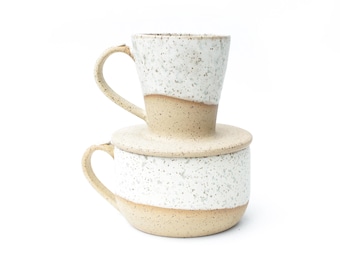 Handmade Speckled Ceramic Coffee Pour Over Set with Oversized Mug