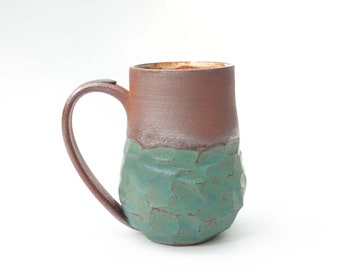 Wheel Thrown Mug | Teal & Red Stoneware Pottery | Texas Small Batch Studio Ceramics | Handmade Glaze | Cup Coffee Tea | Ready to Ship Gift