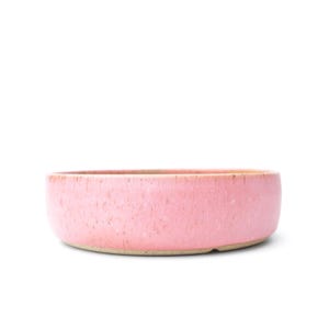 May include: A round, shallow ceramic bowl with a speckled pink glaze. The exterior surface features a textured, matte finish with subtle variations in color intensity, while the base remains a natural, unglazed tan clay color.