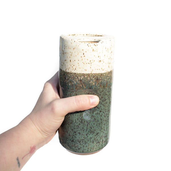 Green Speckled Stoneware Travel Tumbler: Handmade Ceramic To-Go Cup