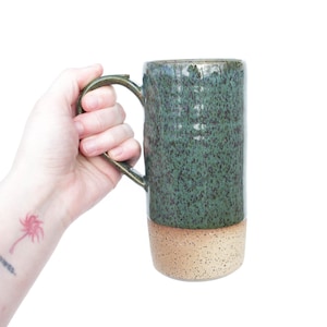 Tall Green Ceramic Mug with Handle | Artisan Pottery Handcrafted in Texas