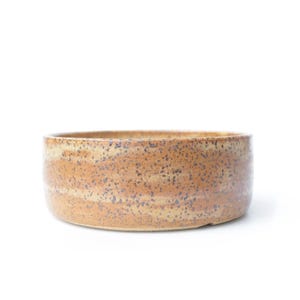 May include: A handmade, low-profile ceramic bowl with a speckled, earthy brown glaze. The bowl has a wide, shallow design, perfect for serving or display. The exterior features a textured surface with dark brown speckles, adding to its rustic charm.