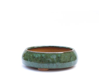 4.5" Bonsai Pot | Accent Display | Green Speckled Wheel Thrown Ceramic Clay Planter with Drainage | Small Batch Pottery Handmade Texas USA