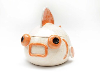 Ceramic Goldfish Jar | White & Orange Hand Sculpted Fish Stash Jar
