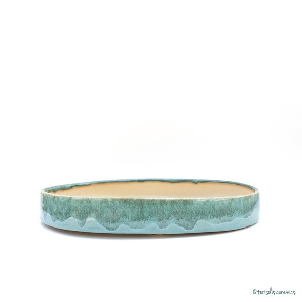 12" Organic Oval Bonsai Pot | Wheel Thrown Planter w. Drainage | Ceramic Stoneware Clay | Small Batch Studio Pottery Handmade in Texas USA