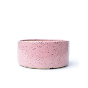 May include: A round, low-profile ceramic bowl in a soft pink hue with speckled detailing. The bowl has a smooth, glossy finish and a simple, modern design. Ideal for serving or as a decorative piece.