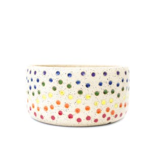 May include: A speckled ceramic bowl with a rainbow polka dot pattern. The dots are in a spectrum of colors, including red, orange, yellow, green, blue, and purple. The bowl has a rounded shape and a neutral beige background.