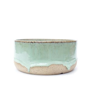 Handmade Speckled Stoneware Planter: Minty Green Drip, 7" Wide