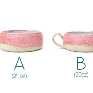 May include: Two handmade ceramic mugs with a pink speckled glaze and a cream-colored base. The mugs have a rounded shape with a handle. The text "A (24oz)" and "B (20oz)" are below the mugs.