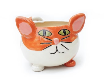 Orange & White Cat Ceramic Planter Pot with Drainage | Artisan Handmade Pottery