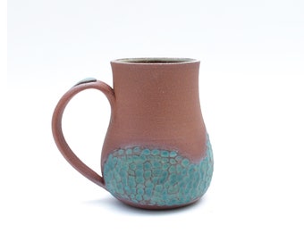 Wheel Thrown Mug | Teal Crater Red Stoneware Pottery | Small Batch Studio Ceramics | Handmade Glaze | Cup Coffee Tea | Ready to Ship Gift