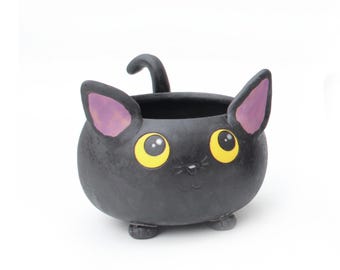 Black Cat Ceramic Planter Pot with Drainage | Artisan Handmade Pottery
