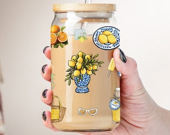 Italy Summer Glass Cup with Bamboo Lid and Glass Straw, Iced Latte Glass Cup, Reusable Glass Cup, Amalfi Coast Glass Cup, Italian Summer Cup