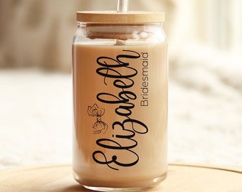 Personalized Coquette Tumbler Bridal Party Gift Glass Cup Straw Bamboo Lid, Personalized Glass Tumbler,Bamboo Lid Coffee Cup,Bridesmaid Gift