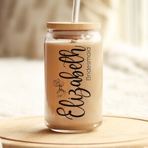 Personalized Coquette Tumbler Bridal Party Gift Glass Cup Straw Bamboo Lid, Personalized Glass Tumbler,Bamboo Lid Coffee Cup,Bridesmaid Gift