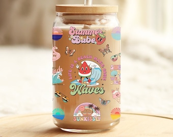 Retro Summer Glass Cup with Bamboo Lid and Glass Straw, Life is a Beach Cup, Vacay Vibes Glass Cup, Summer Babe, Sunkissed, Tanned and Tipsy