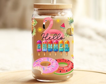 Hello Summer Glass Cup with Bamboo Lid and Glass Straw, Popsicles Glass Cup, Summer Beach Vibes Glass Cup, Pool Vibes Glass Cup, Cute Summer