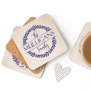 Set of 4 Personalized Coaster Gift Set Housewarming Gift for the Couple, Bridal Shower Gift for Her Family Name Our First Home Wedding Gift