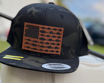 Fish Flag Leather Trucker Hat, Fishing Gift For Men, American Flag, Angler Fishing Hat, Hunting and Fishing Flag Leatherette Patch Hat