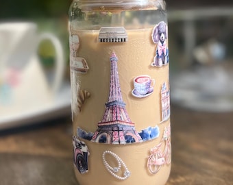 Eiffel Tower Glass Cup with Bamboo Lid and Glass Straw, Iced Latte Glass Cup, Emily in Paris Glass Cup, Paris Theme Gift,French Gift for Her