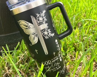 40oz Tumbler Pray on it, Butterfly Sunflower, Pray through it, Christian Faith Tumbler with Handle, Christian Cup, Faith Cup, God Tumbler