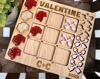 Personalized Valentine Tic Tac Toe Board Game, Galentine's Gift, Wooden Kids Game, Gift for Kids, Wooden Travel Games, Valentine's Gift