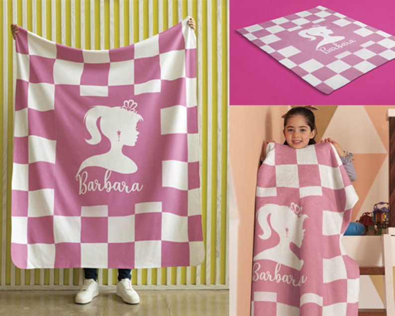 Custom Barbi Doll Name Blanket, Personalized Kids Name Blanket, Barbi Doll Party, Birthday Vacation Gift For Kids, Christmas Gift for Girl image 1