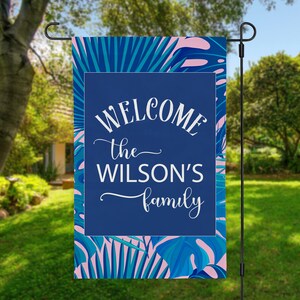 Willkommen Garten Flagge AussenDeko-personalisierte Adresse Haus Flagge Housewarming Geschenk Veranda Deko-Willkommens-Veranda Flagge Meter Flaggen Tropischer Urlaub