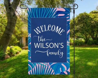 Welcome Garden Flag Outdoor Decor-Personalized Address House Flag Housewarming Gift Porch Decor-Welcome Porch Flag Yard Flags Tropical Leave