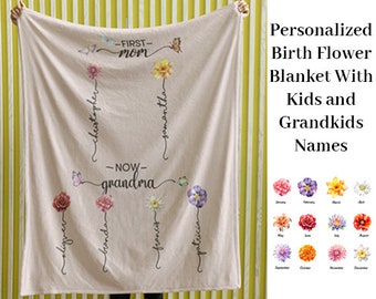 Personalisierte Geburtsblumendecke mit Enkelnamen, individuelle Oma-Gartendecke, Oma-Muttertagsgeschenk, Mama-Decke mit Kindernamen