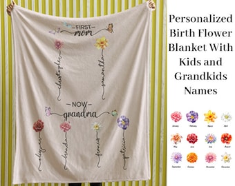 Personalized Birth Flower Blanket With Grandkids Names, Custom Grandma Garden Blanket, Granny Mother's Day Gift, Mom Blanket with Kids Names