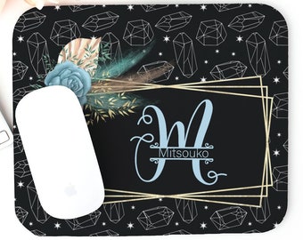 Tapis de souris personnalisé Boho Floral Crystals- Celestial MousePad Accessoires de bureau Coworker Gift- Personnalisé Monogram Mouse Pad Gift pour ami