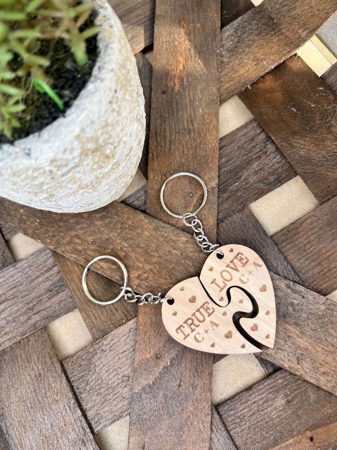 Personalized True Love Heart Keyring Set, Wooden Keychain
