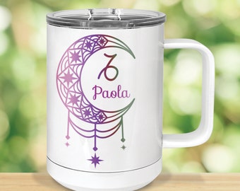 Zodiac Crescent Moon Custom Tumbler avec poignée, cadeaux Zodiac, Tumbler isolé, Tumbler de 15 oz avec couvercle, tasse isolée, tasses à café en métal