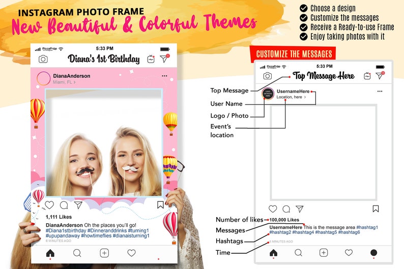 Instagram Frame Baby Shower Photo Booth Frame Hot Air Balloon Girl Gender Reveal Decoration Baby Shower Decorations Girl
