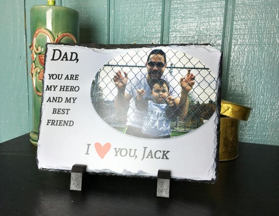 Personalised Fathers Gift photo printed message engraved heart rock slate plaque